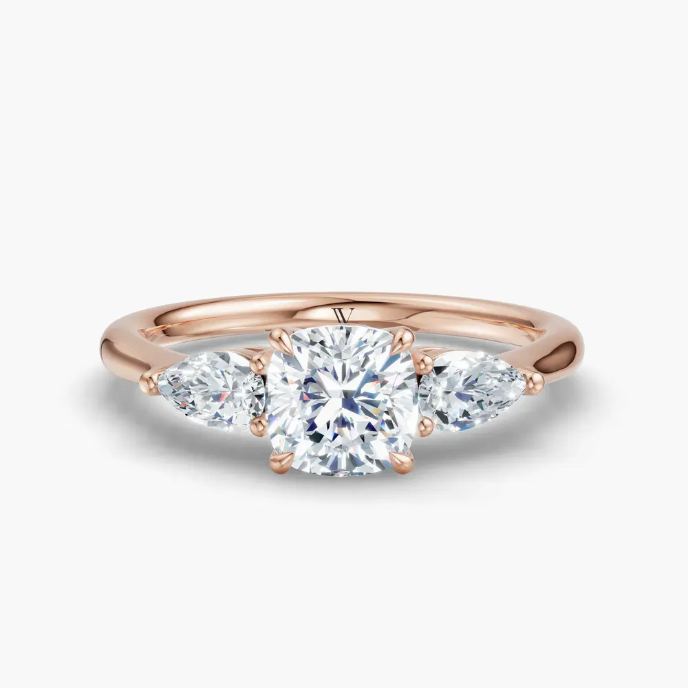 Certified 1 carat Lab Grown Diamond Cushion Cut Three Stone, Side Stone, Low profile Engagement Ring in 14K Rose Gold-Hailu