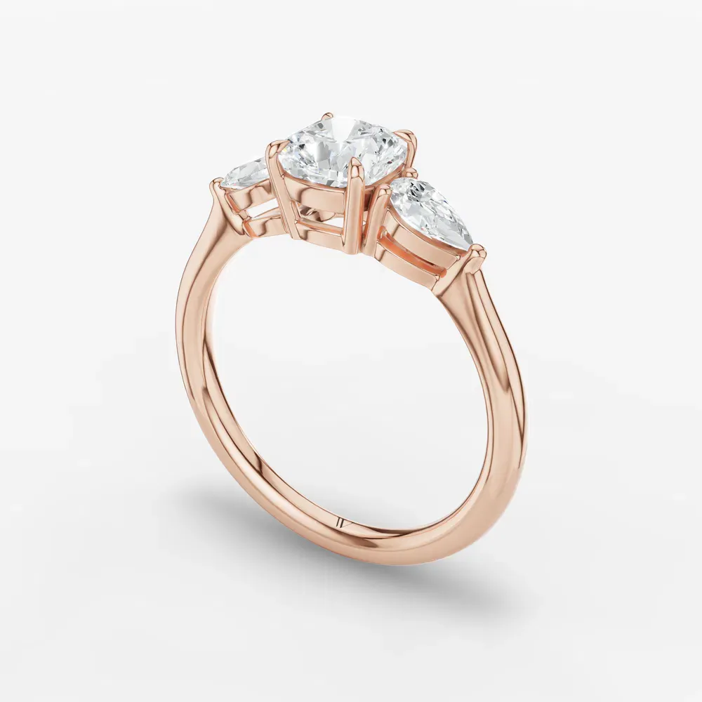 Certified 1 carat Lab Grown Diamond Cushion Cut Three Stone, Side Stone, Low profile Engagement Ring in 14K Rose Gold-Hailu