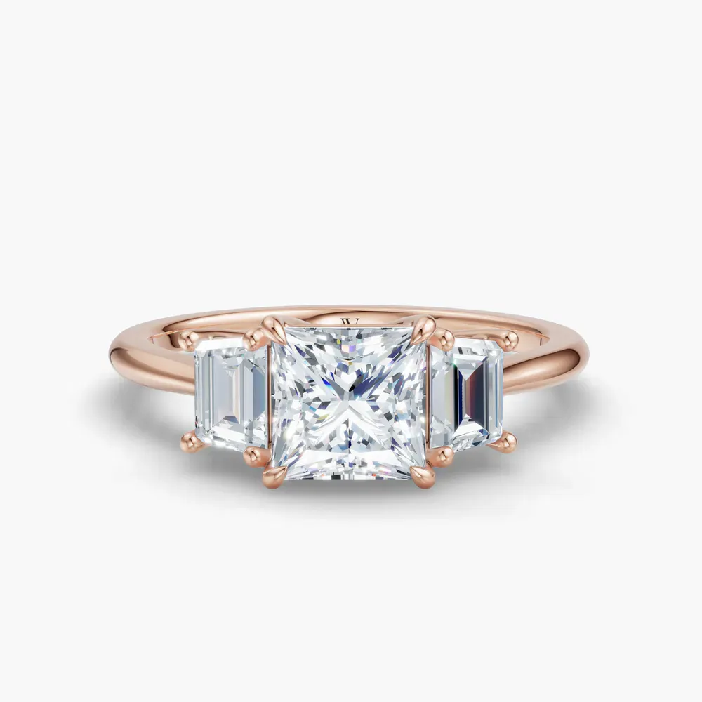 Certified 1 carat Lab Grown Diamond Princess Cut Three Stone, Side Stone, Low profile Engagement Ring in 14K Rose Gold-Cygnus