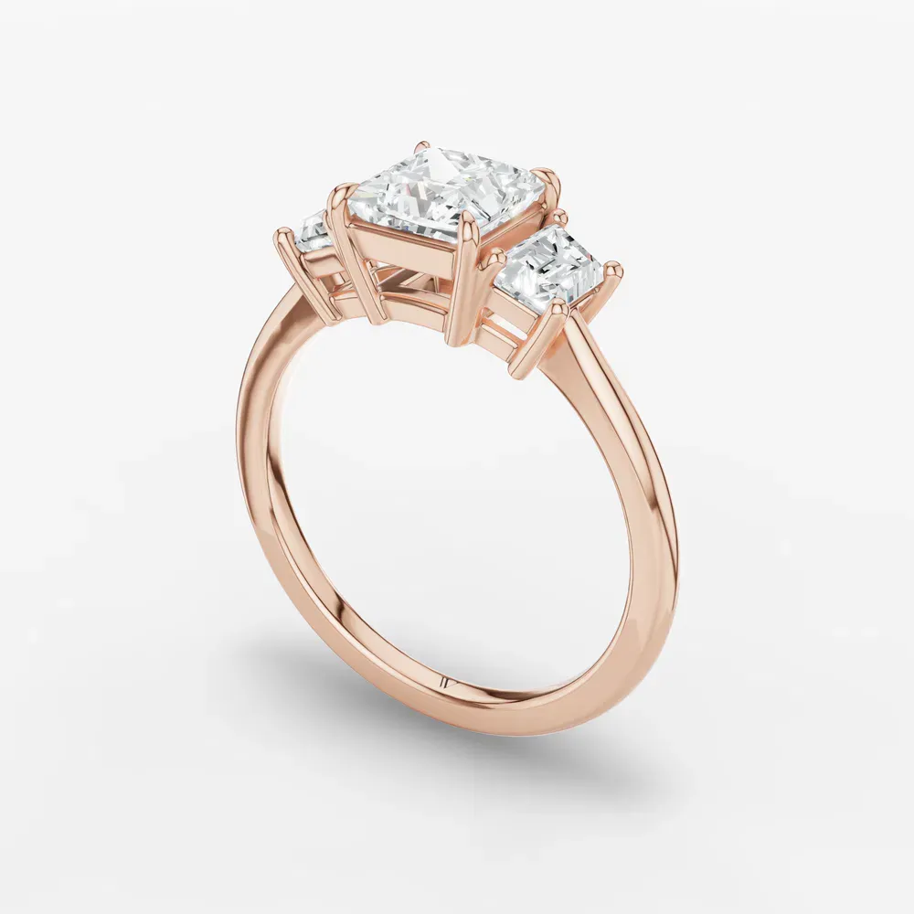 Certified 1 carat Lab Grown Diamond Princess Cut Three Stone, Side Stone, Low profile Engagement Ring in 14K Rose Gold-Cygnus