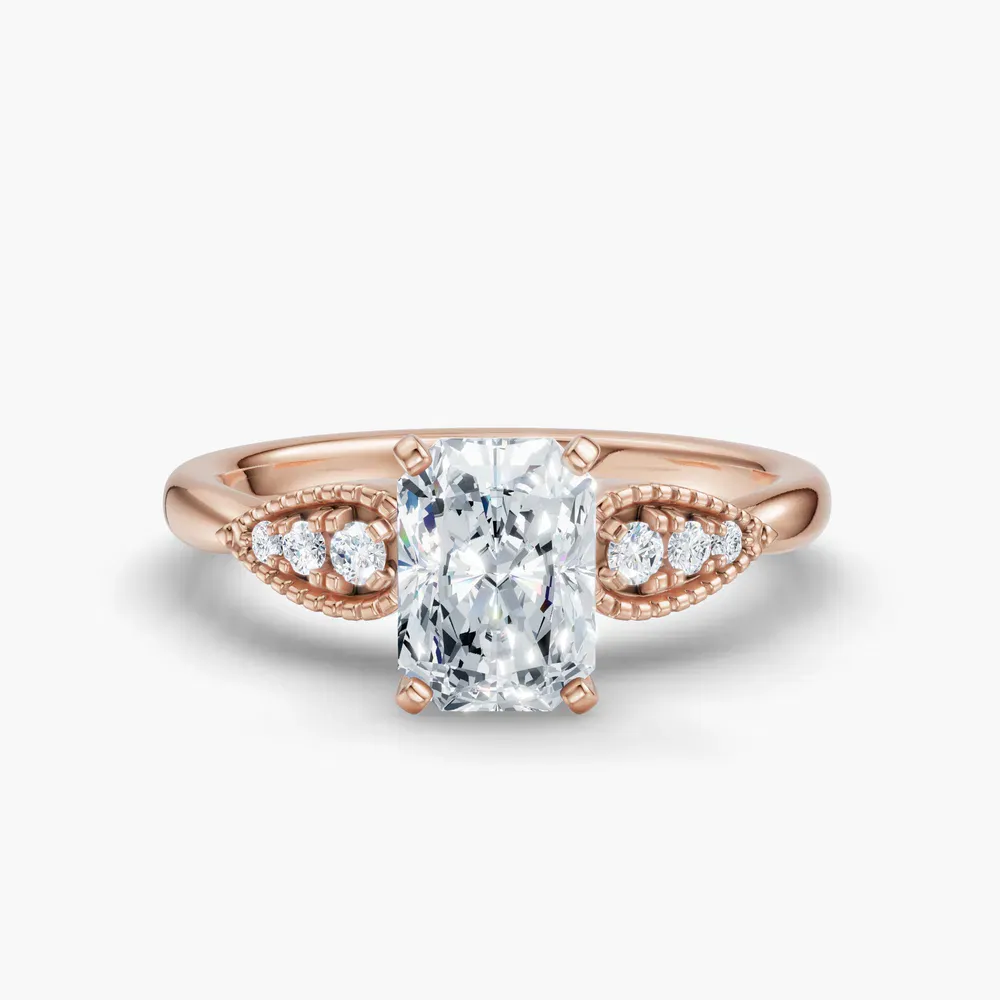 Certified 1 carat Lab Grown Diamond Radiant Cut Milgrain, Vintage, Side Stone Engagement Ring in 14K Rose Gold-Yerlin