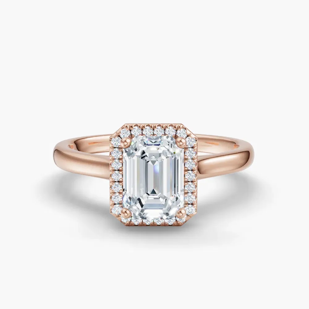 Certified 1 carat Lab Grown Diamond Emerald Cut Halo, Cathedral Engagement Ring in 14K Rose Gold-Pejr