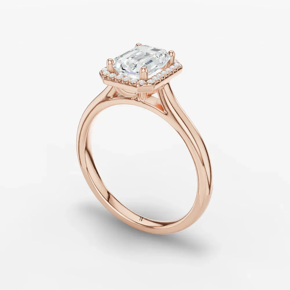 Certified 1 carat Lab Grown Diamond Emerald Cut Halo, Cathedral Engagement Ring in 14K Rose Gold-Pejr