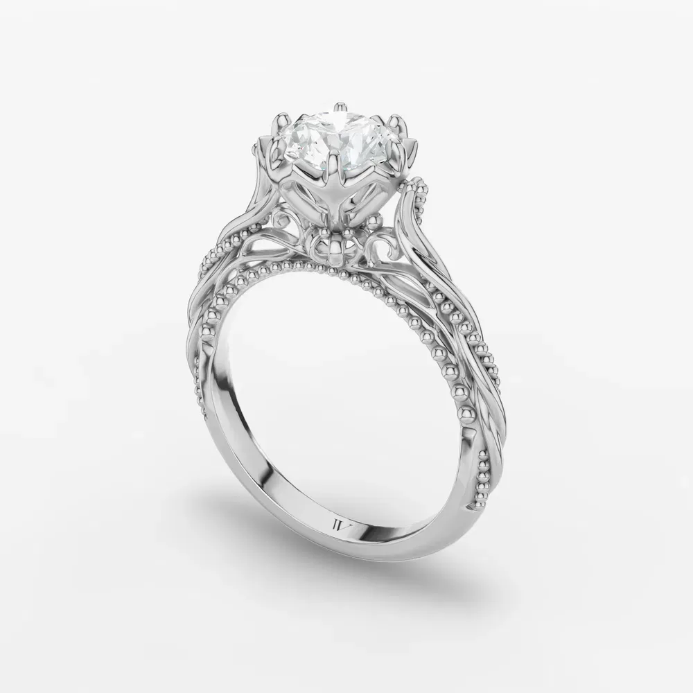 Certified 1 carat Lab Grown Diamond Round Cut Solitaire, Milgrain, Vintage Engagement Ring in 14K White Gold-Thistle
