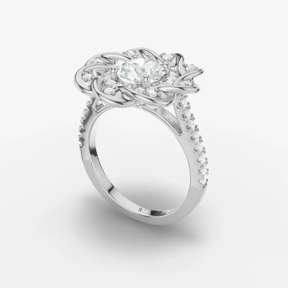 Certified 1 carat Lab Grown Diamond Round Cut Floral, Double halo, Twist Engagement Ring in 14K White Gold-Pebble