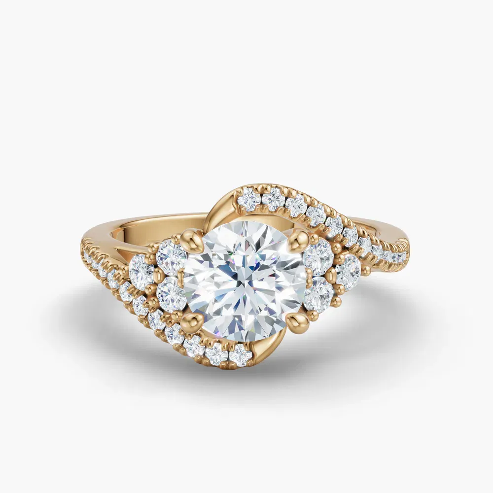 Certified 1 carat Lab Grown Diamond Round Cut Cluster, Side Stone, Four Prong Engagement Ring in 14K Yellow Gold-Yixelo