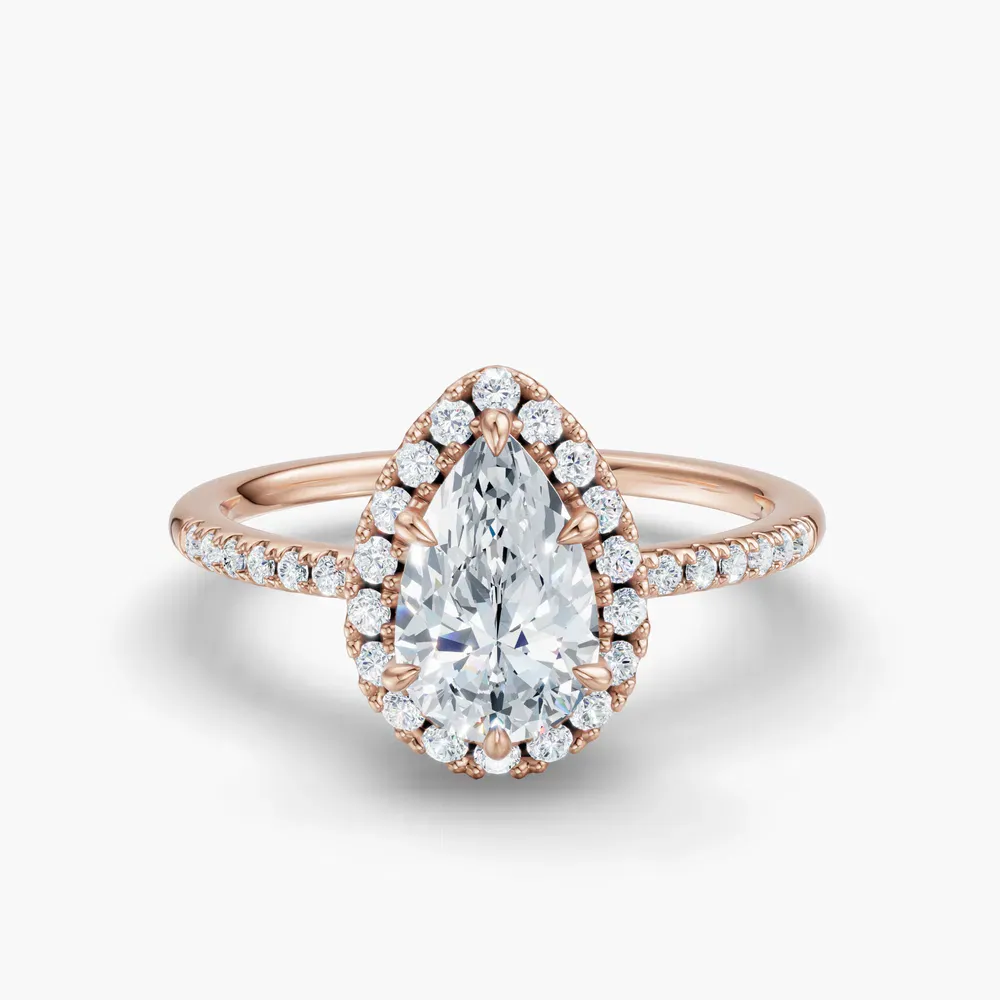 Certified 1 carat Natural Diamond Pear Cut Halo, Pavé, Classic Engagement Ring in 14K Rose Gold-Elite Vaelumette