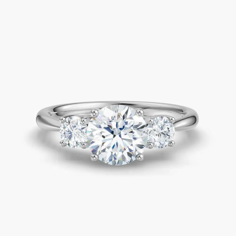 Certified 1 carat Natural Diamond Round Cut Three Stone, Side Stone, Four Prong Engagement Ring in 14K White Gold-Dhyra