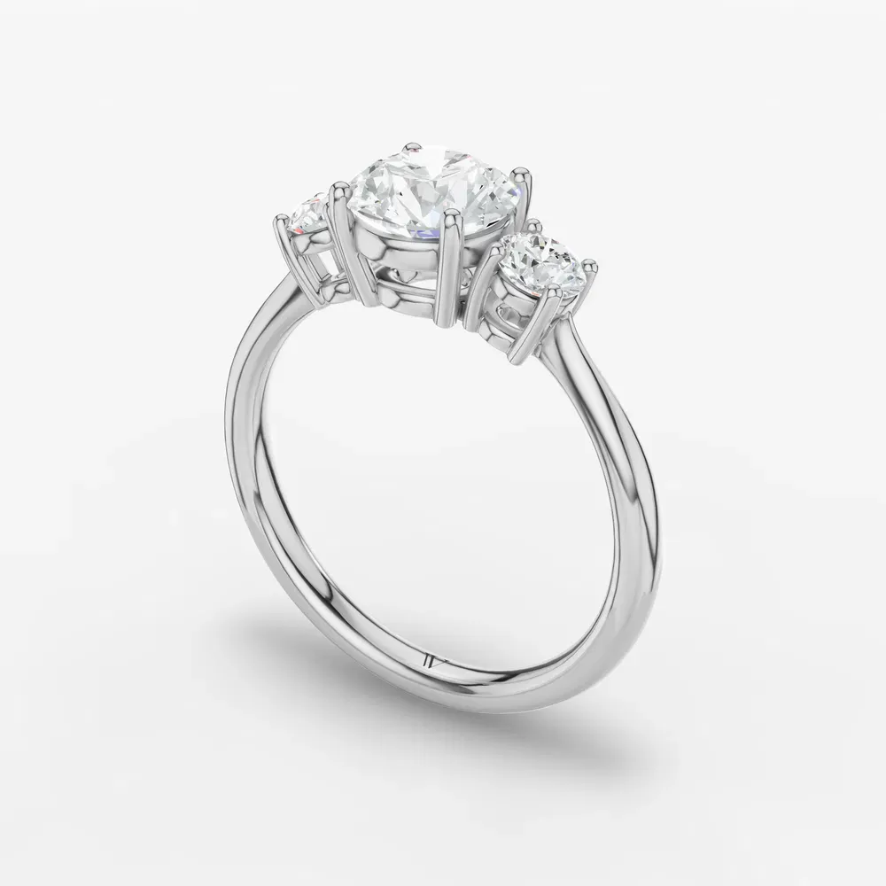 Certified 1 carat Natural Diamond Round Cut Three Stone, Side Stone, Four Prong Engagement Ring in 14K White Gold-Dhyra