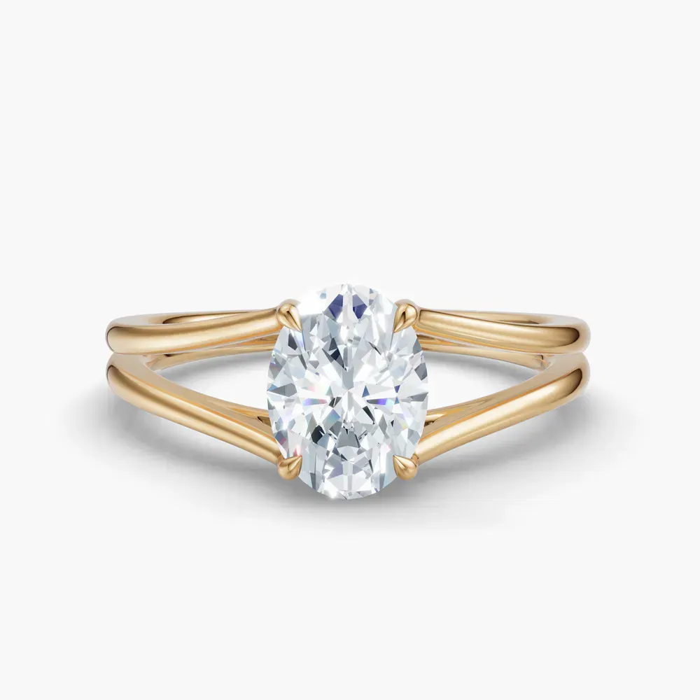 Certified 1 carat Natural Diamond Oval Cut Split Shank, Solitaire, Low profile Engagement Ring in 14K Yellow Gold-Wraith