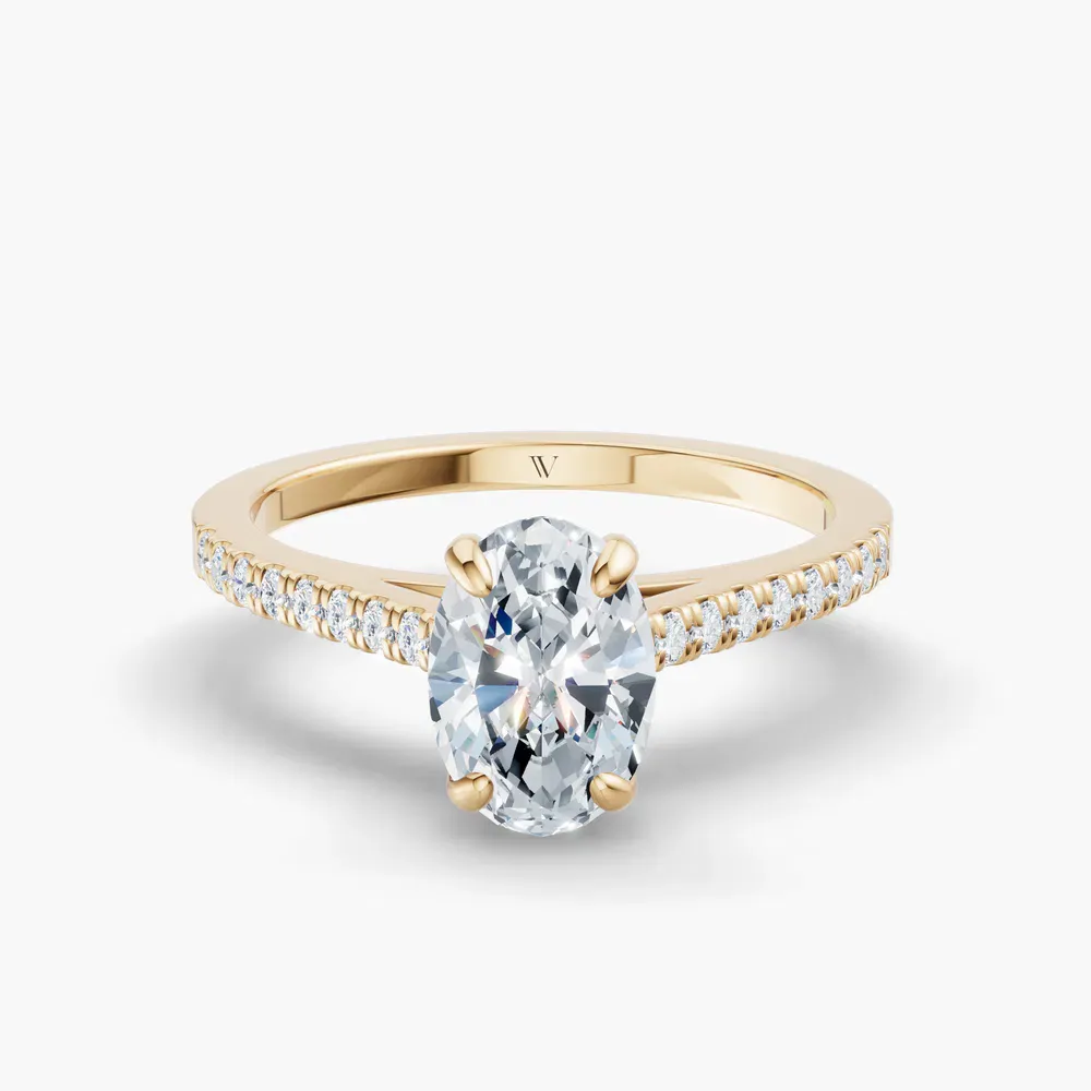 Certified 1 carat Natural Diamond Oval Cut Pavé, Cathedral Engagement Ring in 14K Yellow Gold-Zirellun