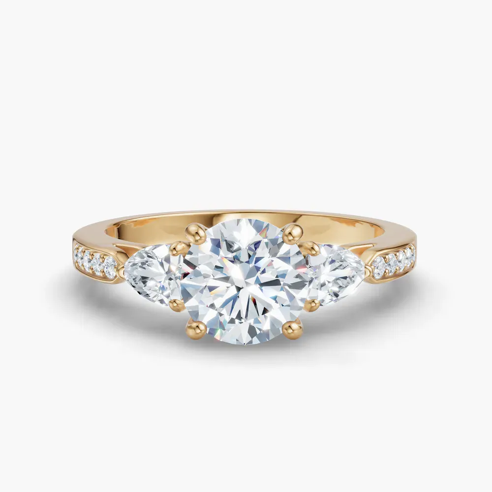 Certified 1 carat Natural Diamond Round Cut Three Stone, Pavé, Four Prong Engagement Ring in 14K Yellow Gold-Zevd