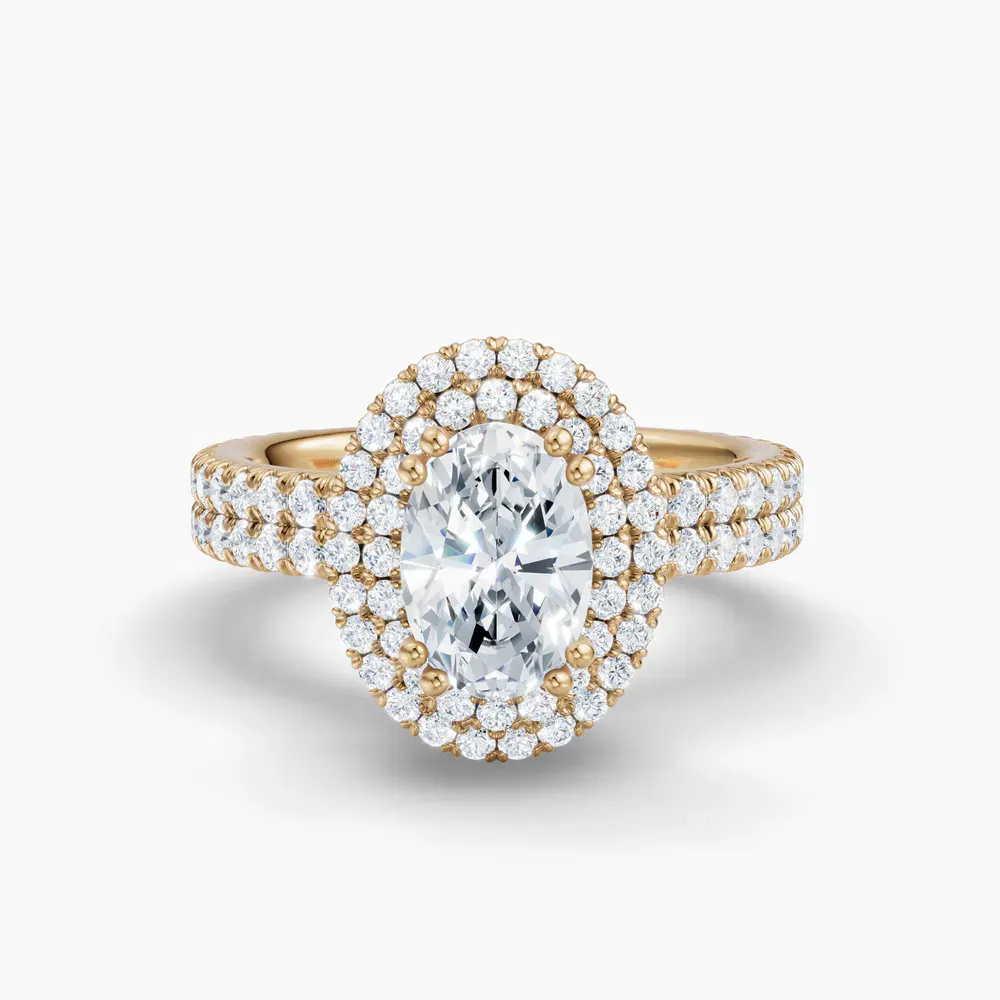 Certified 1 carat Natural Diamond Oval Cut Pavé, Halo, Hidden Halo Engagement Ring in 14K Yellow Gold-Caela