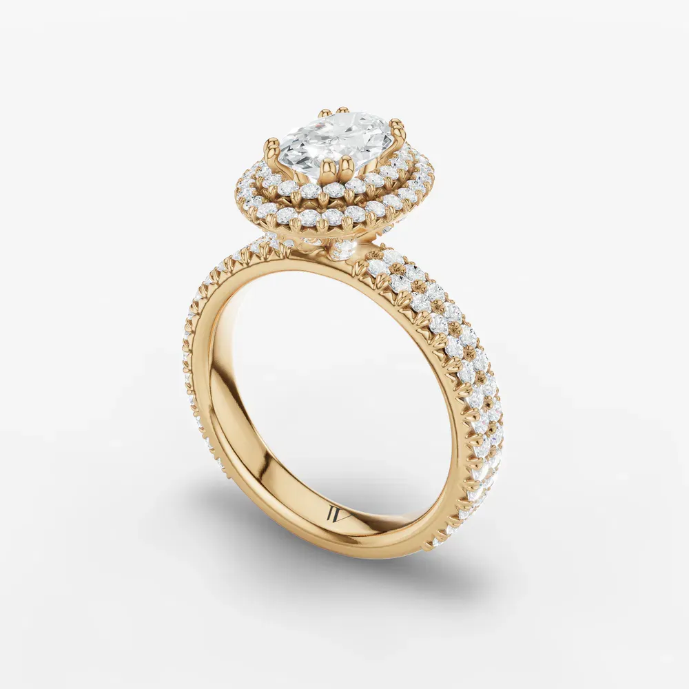 Certified 1 carat Natural Diamond Oval Cut Pavé, Halo, Hidden Halo Engagement Ring in 14K Yellow Gold-Caela