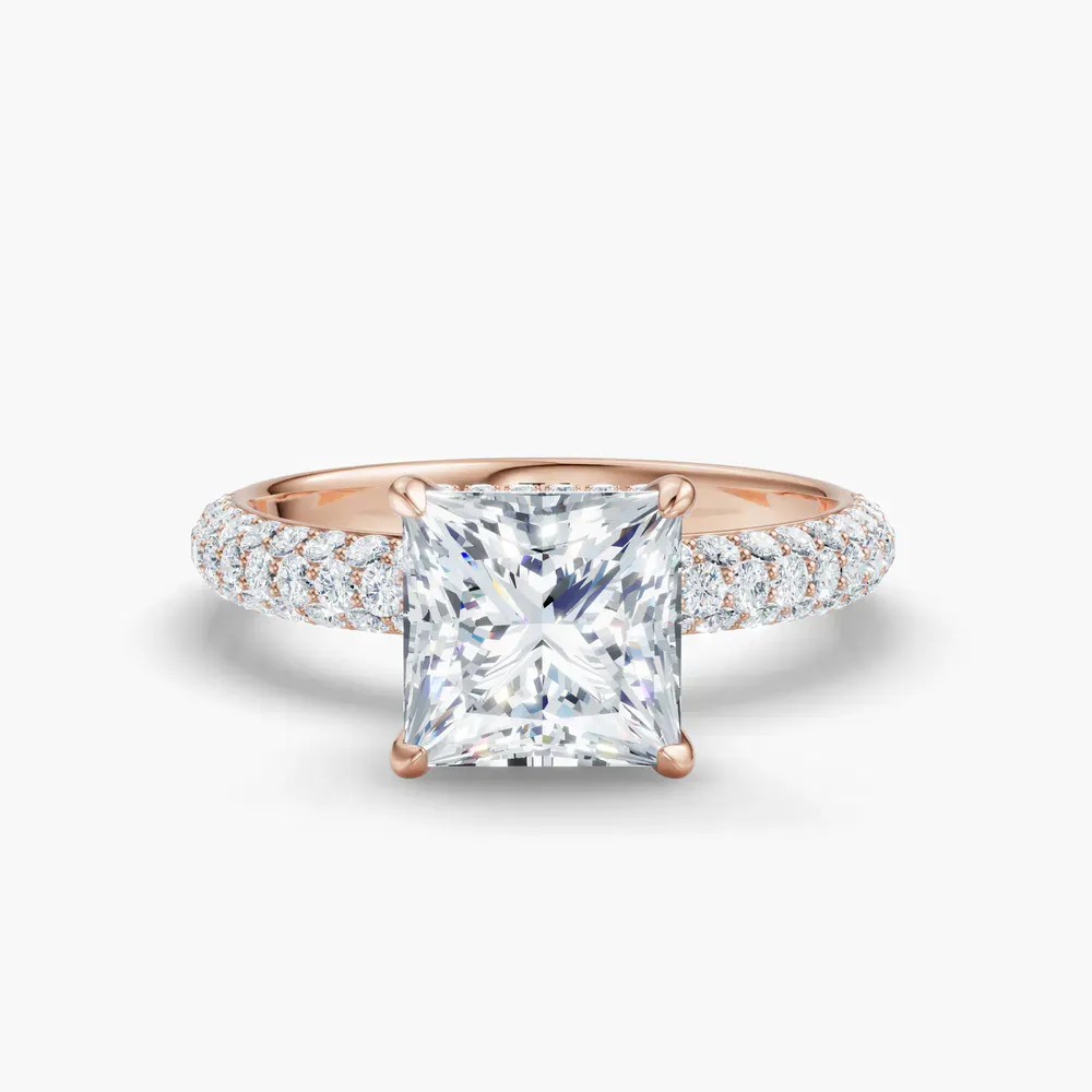 Certified 1 carat Natural Diamond Princess Cut Pavé, Hidden Halo Engagement Ring in 14K Rose Gold-Lyre