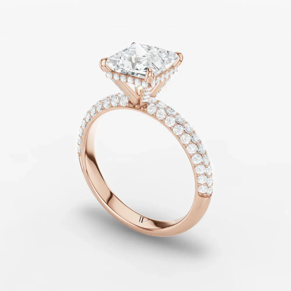 Certified 1 carat Natural Diamond Princess Cut Pavé, Hidden Halo Engagement Ring in 14K Rose Gold-Lyre