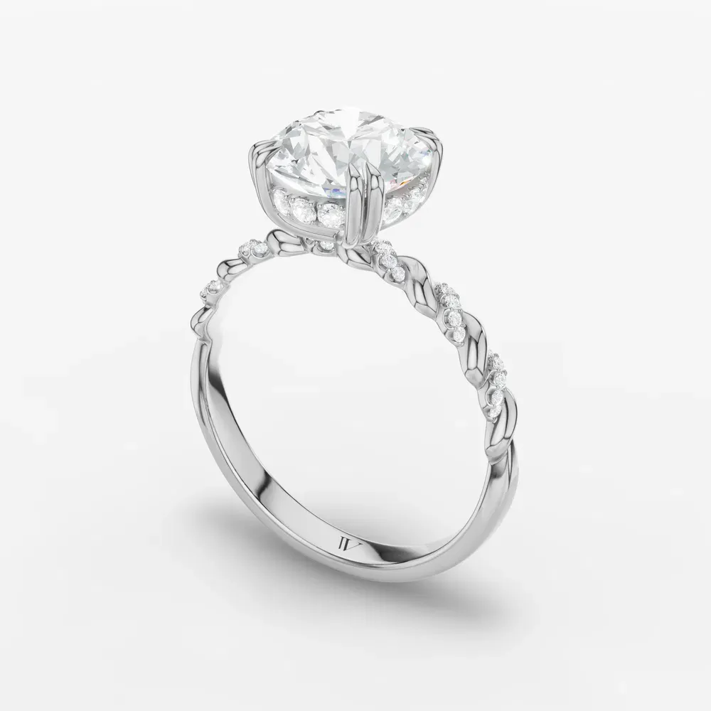 Certified 1 carat Natural Diamond Round Cut Pavé, Hidden Halo, Twist Engagement Ring in 14K White Gold-Lior