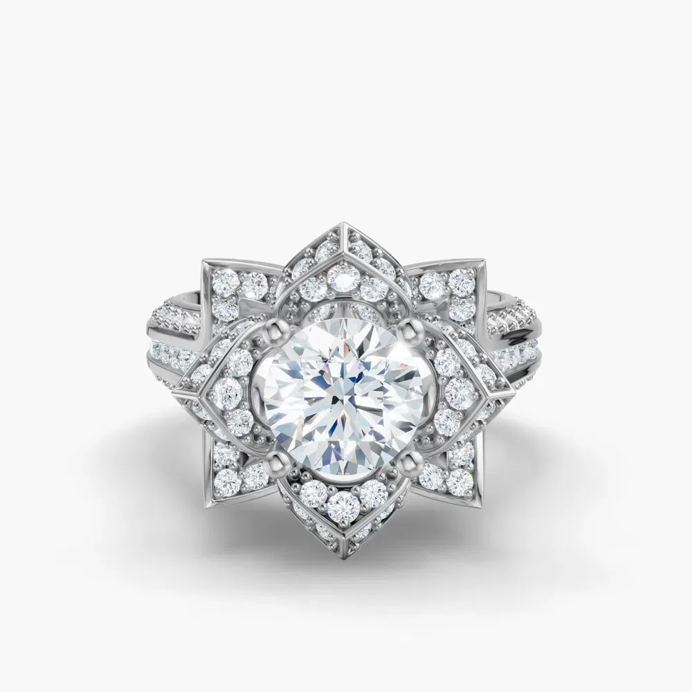 Certified 1 carat Natural Diamond Round Cut Vintage, Floral, Unique Engagement Ring in 14K White Gold-Zirix