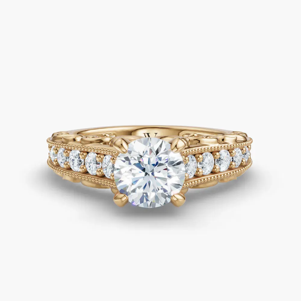 Certified 1 carat Natural Diamond Round Cut Milgrain, Filigree, Vintage Engagement Ring in 14K Yellow Gold-Zevali