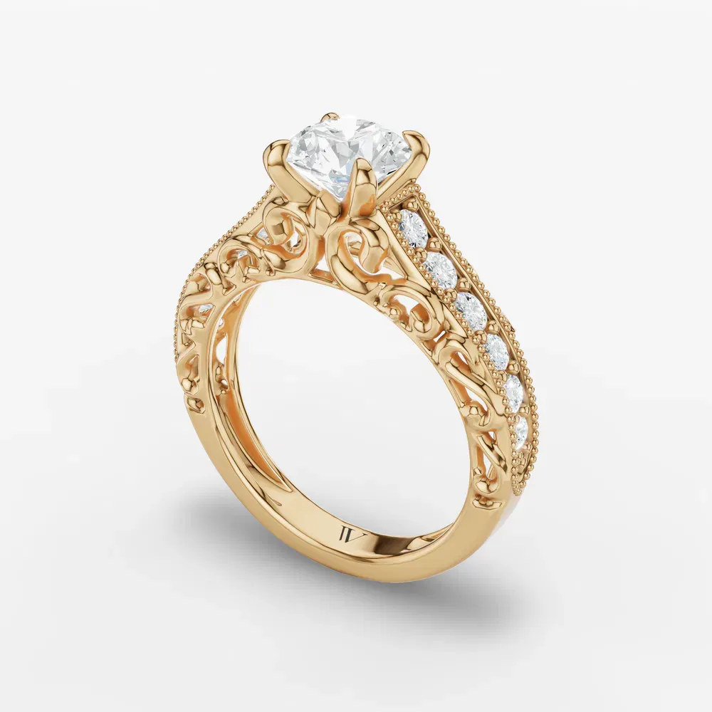 Certified 1 carat Natural Diamond Round Cut Milgrain, Filigree, Vintage Engagement Ring in 14K Yellow Gold-Zevali