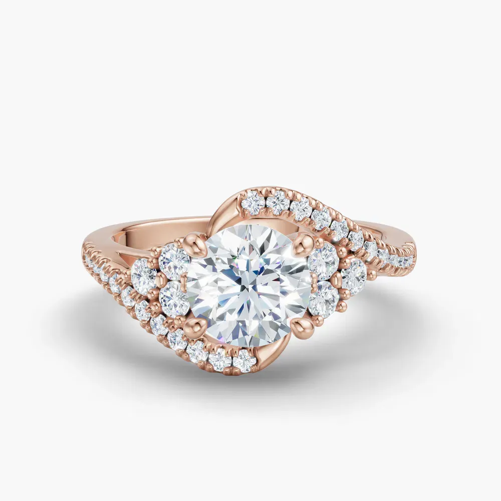 Certified 1 carat Natural Diamond Round Cut Cluster, Side Stone, Four Prong Engagement Ring in 14K Rose Gold-Yixelo
