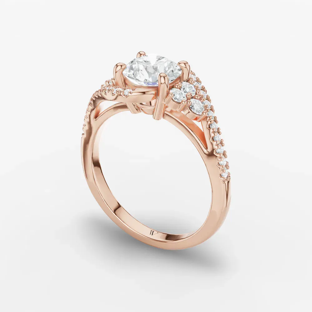 Certified 1 carat Natural Diamond Round Cut Cluster, Side Stone, Four Prong Engagement Ring in 14K Rose Gold-Yixelo