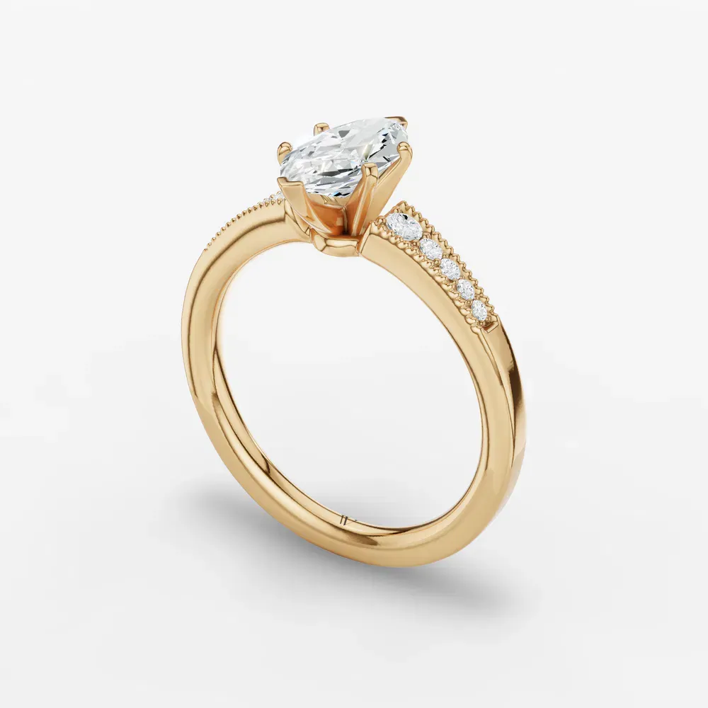 Certified 1 carat Lab Grown Diamond Marquise Cut Milgrain, Pavé, Side Stone Engagement Ring in 14K Yellow Gold-Rosca