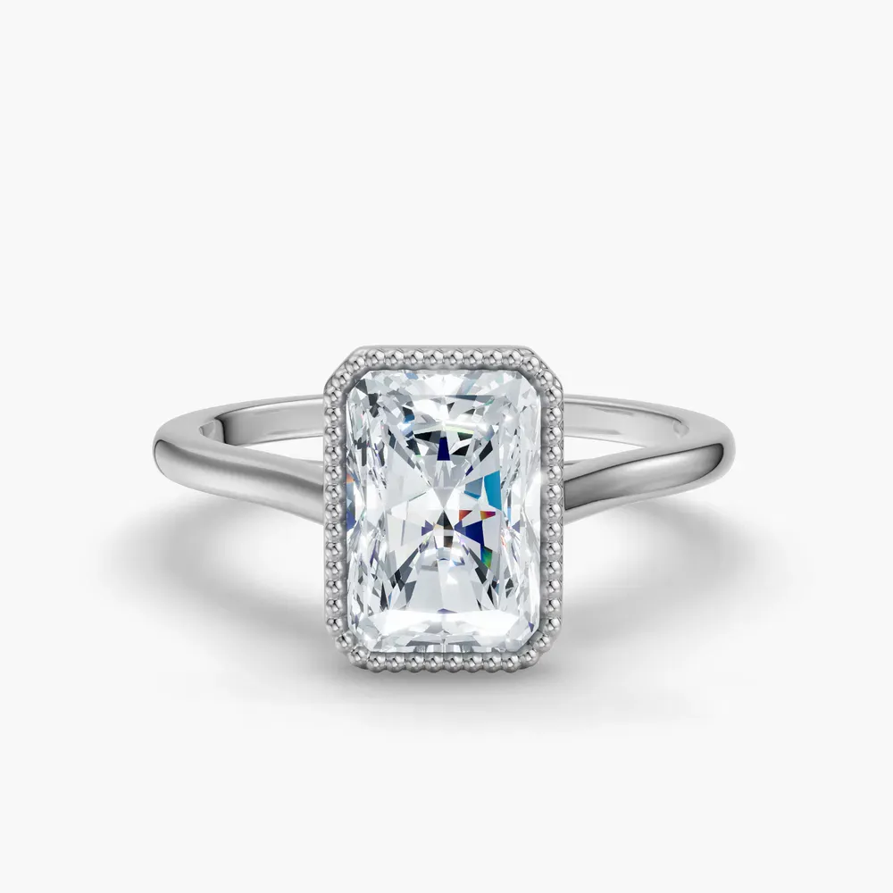 Certified 1 carat Lab Grown Diamond Radiant Cut Solitaire, Milgrain, Cathedral Engagement Ring in 14K White Gold-Firen